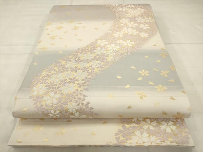 平和屋着物●両面六通柄　本袋帯　高野槇　小石丸　市松草花文　流水舞桜文　金銀糸　金銀糸　正絹　逸品　AABN4410pf