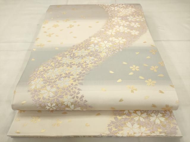 平和屋着物●両面六通柄　本袋帯　高野槇　小石丸　市松草花文　流水舞桜文　金銀糸　金銀糸　正絹　逸品　AABN4410pf