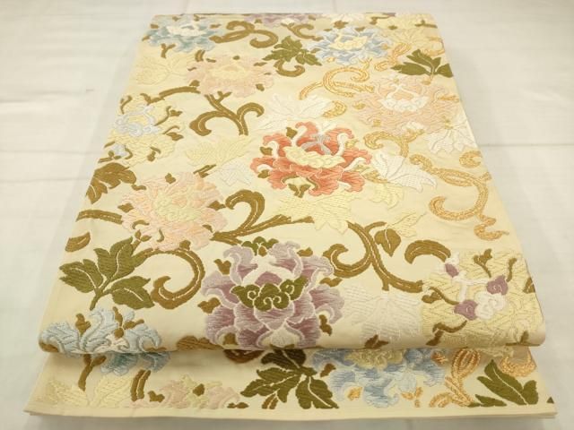 平和屋着物●六通柄袋帯　能衣唐織　牡丹唐草文　金糸　正絹　逸品　AABN4411pf