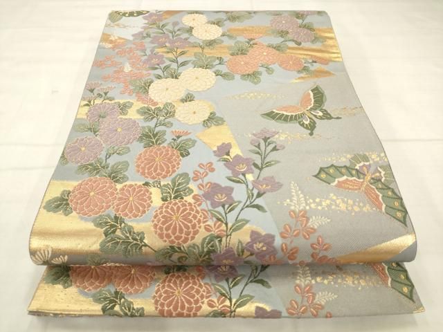平和屋着物●ファッションデザイナー 花井幸子　六通柄袋帯　唐織　花蝶文　金糸　正絹　逸品　AABN4428pf