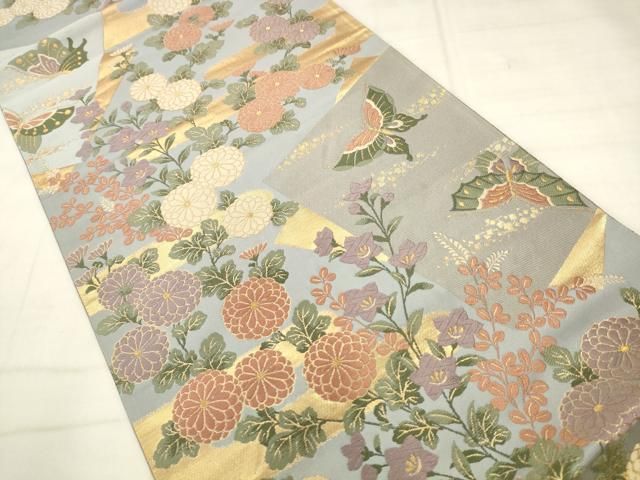 平和屋着物●ファッションデザイナー 花井幸子　六通柄袋帯　唐織　花蝶文　金糸　正絹　逸品　AABN4428pf