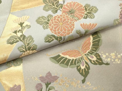 平和屋着物●ファッションデザイナー 花井幸子　六通柄袋帯　唐織　花蝶文　金糸　正絹　逸品　AABN4428pf