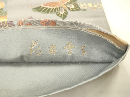 平和屋着物●ファッションデザイナー 花井幸子　六通柄袋帯　唐織　花蝶文　金糸　正絹　逸品　AABN4428pf