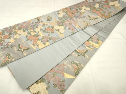 平和屋着物●ファッションデザイナー 花井幸子　六通柄袋帯　唐織　花蝶文　金糸　正絹　逸品　AABN4428pf