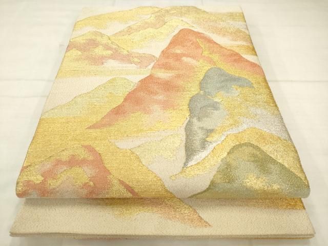 平和屋着物●手織綴れ　山鹿清華　太鼓柄袋帯　重ね山文　金銀糸　正絹　逸品　AABN4429pf
