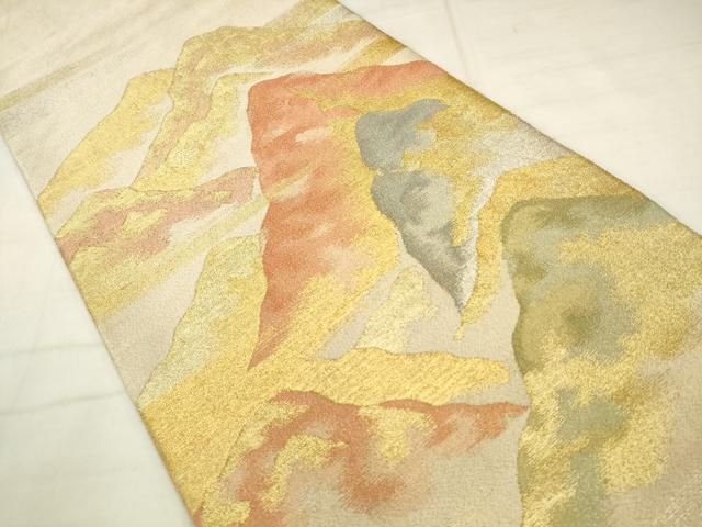 平和屋着物●手織綴れ　山鹿清華　太鼓柄袋帯　重ね山文　金銀糸　正絹　逸品　AABN4429pf