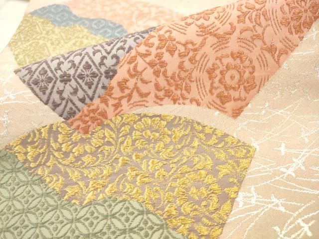 平和屋着物●六通柄袋帯　継紙綴　地紙重ね花文　銀糸　正絹　逸品　AABN4432pf