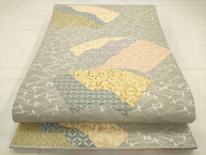 平和屋着物●六通柄袋帯　継紙綴　地紙重ね花文　金銀糸　正絹　逸品　AABN4436pf