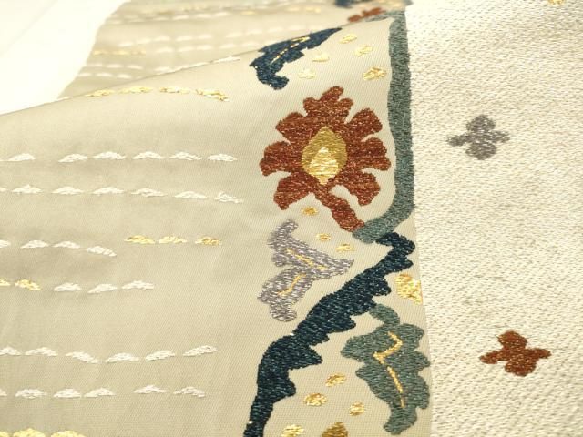 平和屋着物●六通柄袋帯　草花間道　金銀糸　正絹　逸品　AABN4445pf