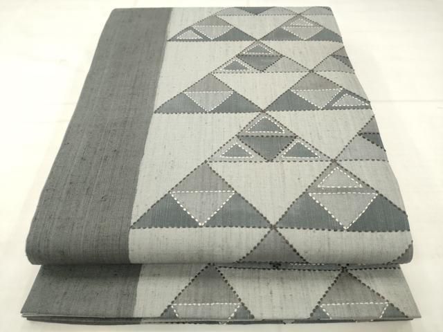平和屋着物●六通柄袋帯　紬地　刺し子　鱗文　正絹　逸品　AABN4447pf