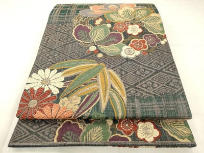平和屋着物●ファッションデザイナー 花井幸子　六通柄袋帯　草花文　金糸　正絹　逸品　AABN4450pf