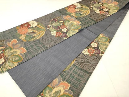 平和屋着物●ファッションデザイナー 花井幸子　六通柄袋帯　草花文　金糸　正絹　逸品　AABN4450pf