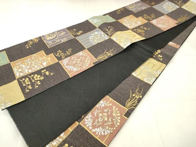 平和屋着物●六通柄袋帯　草花文　金銀糸　正絹　逸品　AABN4462pf