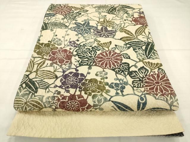 平和屋着物●両面両方向袋帯　型染め　草花文　跳兎　金通し地　正絹　逸品　AABN4474pf