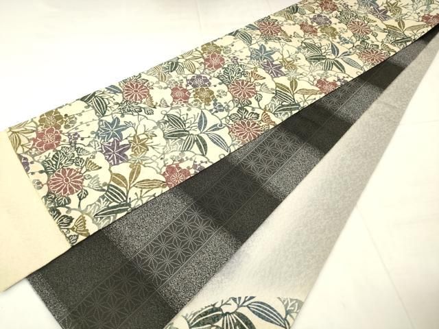 平和屋着物●両面両方向袋帯　型染め　草花文　跳兎　金通し地　正絹　逸品　AABN4474pf