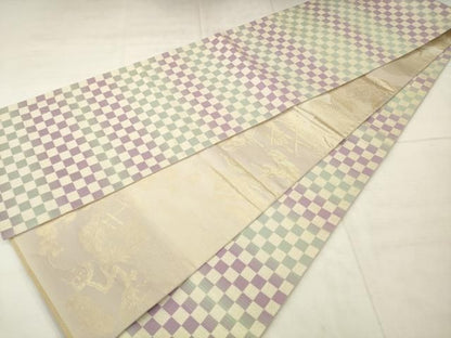平和屋着物●両面全通柄袋帯　市松文様　風景文　金糸　正絹　逸品　AABN4475pf