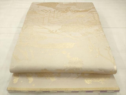 平和屋着物●両面全通柄袋帯　市松文様　風景文　金糸　正絹　逸品　AABN4475pf
