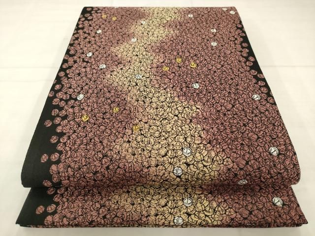 平和屋着物●西陣の老舗アート裕(津村織物)二代目・津村千太郎　六通柄袋帯　麹塵　手鞠　黒地　正絹　逸品　AABN4477pf