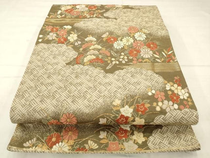 平和屋着物●六通柄袋帯　唐織　雲取り草花文　金糸　正絹　逸品　AABN4478pf