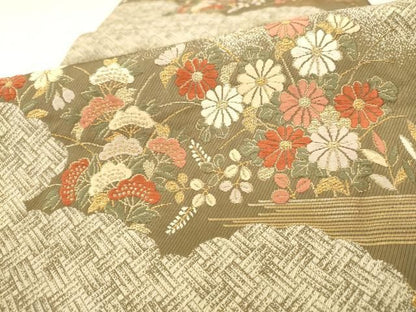 平和屋着物●六通柄袋帯　唐織　雲取り草花文　金糸　正絹　逸品　AABN4478pf