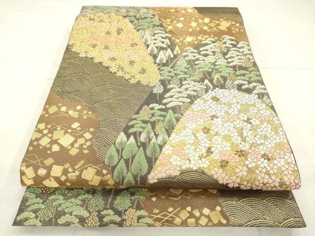 平和屋着物●西陣　服部織物謹製　六通柄袋帯　風景花文　金糸　正絹　逸品　AABN4479pf