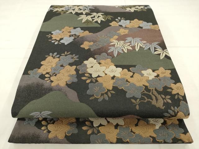 平和屋着物●青々庵　六通柄袋帯　唐織　風景草花文　黒地　金糸　正絹　逸品　AABN4482pf