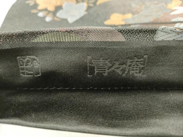 平和屋着物●青々庵　六通柄袋帯　唐織　風景草花文　黒地　金糸　正絹　逸品　AABN4482pf