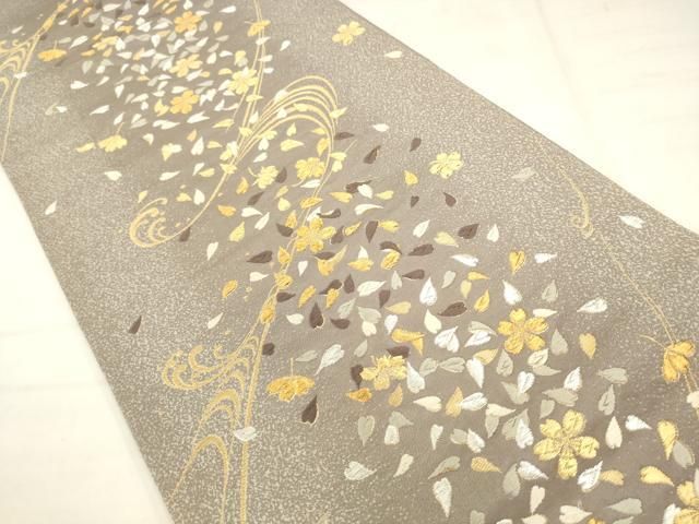 平和屋着物●六通柄袋帯　舞桜文　銀糸　正絹　逸品　AABN4487pf