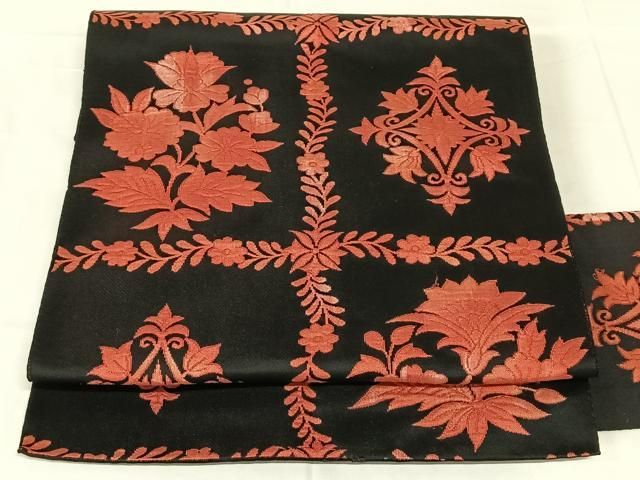 平和屋着物◎八寸名古屋帯　更紗花文　黒地　正絹　逸品　AABN5036dk