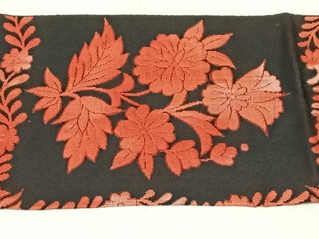 平和屋着物◎八寸名古屋帯　更紗花文　黒地　正絹　逸品　AABN5036dk