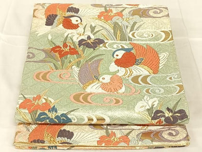 平和屋着物◎佐賀錦　六通柄袋帯　唐織　鴛鴦花文　金糸　正絹　逸品　AABN5037dk