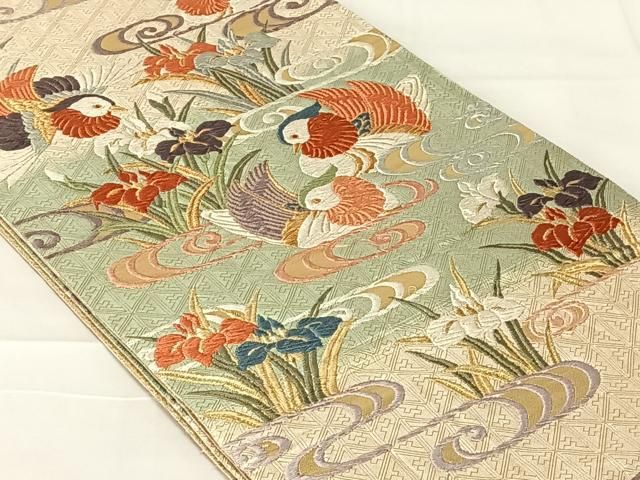 平和屋着物◎佐賀錦　六通柄袋帯　唐織　鴛鴦花文　金糸　正絹　逸品　AABN5037dk