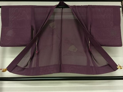 平和屋着物▽羽織　スリーシーズン　春夏秋　塵除け　扇面花文　古代紫色　正絹　逸品　AABN5065jh