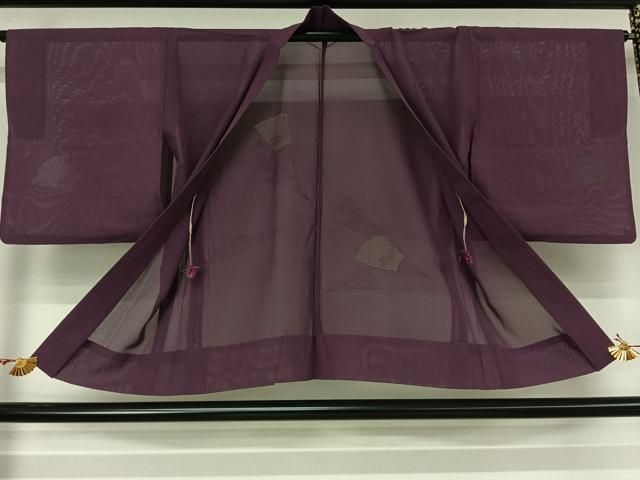 平和屋着物▽羽織　スリーシーズン　春夏秋　塵除け　扇面花文　古代紫色　正絹　逸品　AABN5065jh