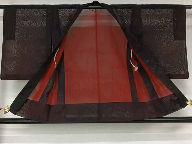 平和屋着物▽羽織　スリーシーズン　春夏秋　塵除け　風景枝葉文　黒地　正絹　逸品　AABN5066jh