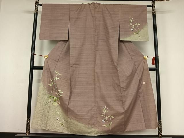 平和屋着物▽訪問着　単衣　紬地　作家物　草花文　金彩　正絹　逸品　AABN5076jh