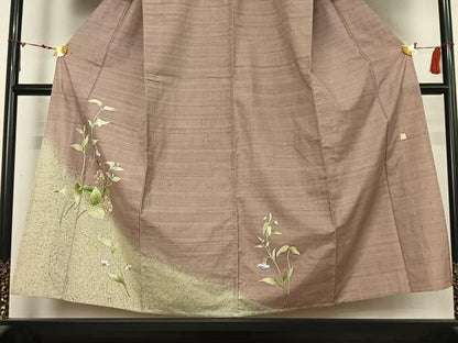 平和屋着物▽訪問着　単衣　紬地　作家物　草花文　金彩　正絹　逸品　AABN5076jh