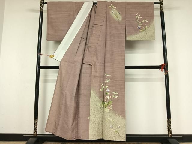 平和屋着物▽訪問着　単衣　紬地　作家物　草花文　金彩　正絹　逸品　AABN5076jh