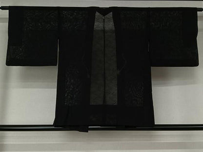 平和屋着物▽羽織　スリーシーズン　春夏秋　塵除け　幾何学文様　黒地　正絹　逸品　AABN5098jh