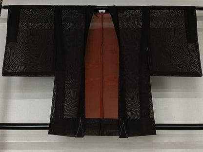 平和屋着物▽羽織　スリーシーズン　春夏秋　塵除け　流水笹の葉文　黒地　正絹　逸品　未使用　AABN5100jh