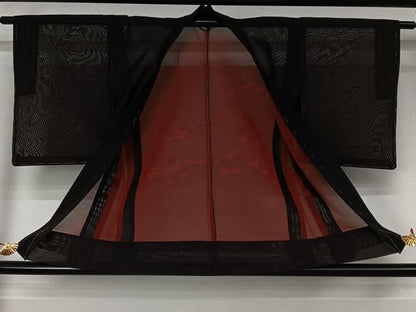 平和屋着物▽羽織　スリーシーズン　春夏秋　塵除け　流水笹の葉文　黒地　正絹　逸品　未使用　AABN5100jh