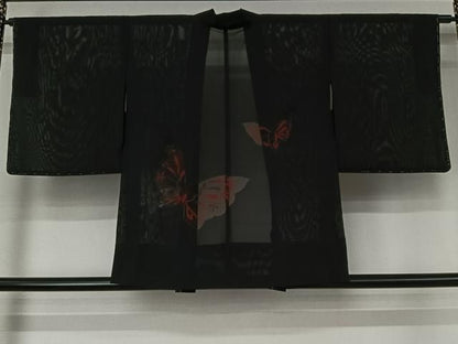 平和屋着物▽羽織　スリーシーズン　春夏秋　塵除け　舞蝶文　黒地　正絹　逸品　未使用　AABN5125jh