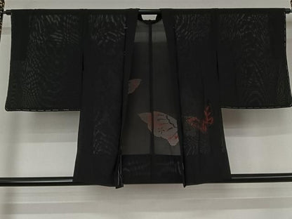 平和屋着物▽羽織　スリーシーズン　春夏秋　塵除け　舞蝶文　黒地　正絹　逸品　未使用　AABN5125jh