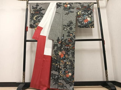平和屋着物●訪問着　絞り　駒刺繍　流水花文　黒地　金彩　正絹　逸品　AABN5218ph
