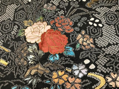 平和屋着物●訪問着　絞り　駒刺繍　流水花文　黒地　金彩　正絹　逸品　AABN5218ph