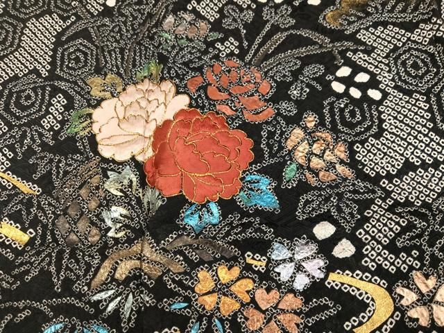 平和屋着物●訪問着　絞り　駒刺繍　流水花文　黒地　金彩　正絹　逸品　AABN5218ph