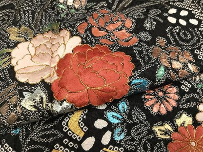 平和屋着物●訪問着　絞り　駒刺繍　流水花文　黒地　金彩　正絹　逸品　AABN5218ph