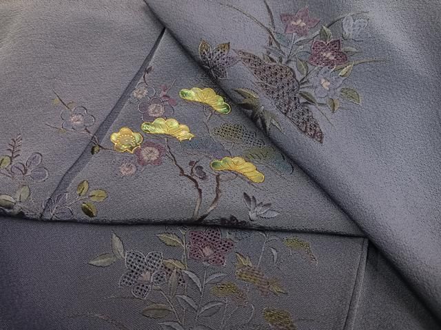 平和屋着物●中国三大刺繍　汕頭刺繍　スワトウ刺繍　訪問着　螺鈿　草花文　暈し染め　金彩　正絹　逸品　AABN5219ph
