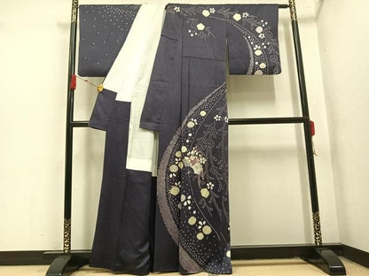 平和屋着物●訪問着　絞り　駒刺繍　扇面花文　正絹　逸品　AABN5226ph