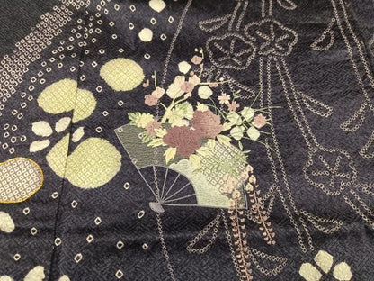 平和屋着物●訪問着　絞り　駒刺繍　扇面花文　正絹　逸品　AABN5226ph